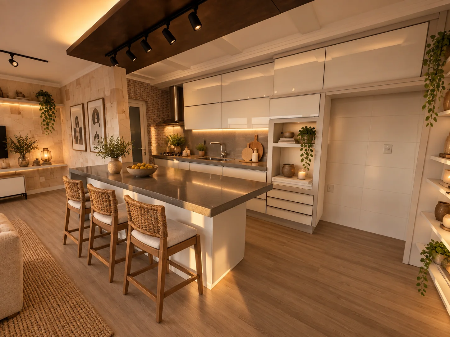 Cozinha mobiliada com ilha e banquetas